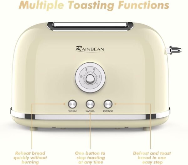 Toaster 2 Slice Retro Toaster Stainless Steel With 6 Bread Shade Settings And Bagel Cancel Defrost Reheat Function, Cute Bread Toaster With Extra Wide Slot And Removable Crumb Tray - Image 5