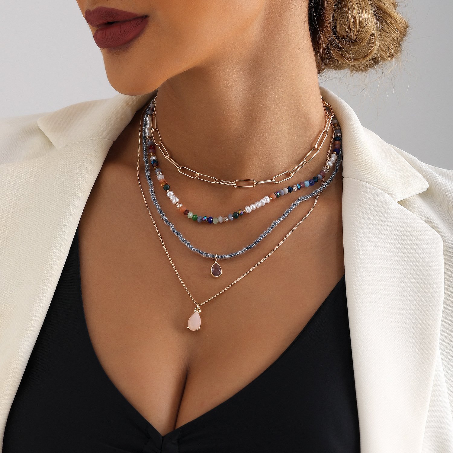 Bohemian Contrast Color Rice-shaped Beads Stringed Beads Multi-layer Necklace