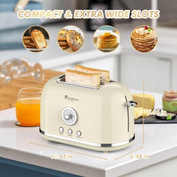 Toaster 2 Slice Retro Toaster Stainless Steel With 6 Bread Shade Settings And Bagel Cancel Defrost Reheat Function, Cute Bread Toaster With Extra Wide Slot And Removable Crumb Tray - Image 10